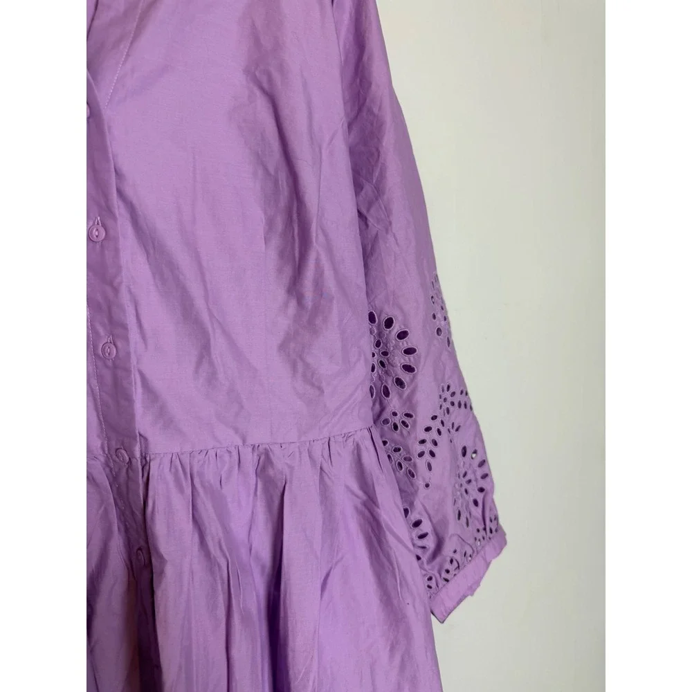 Talbots Purple Cotton Eyelet Midi Shirtdress Lavender boho quiet luxury 14 - Picture 4 of 12